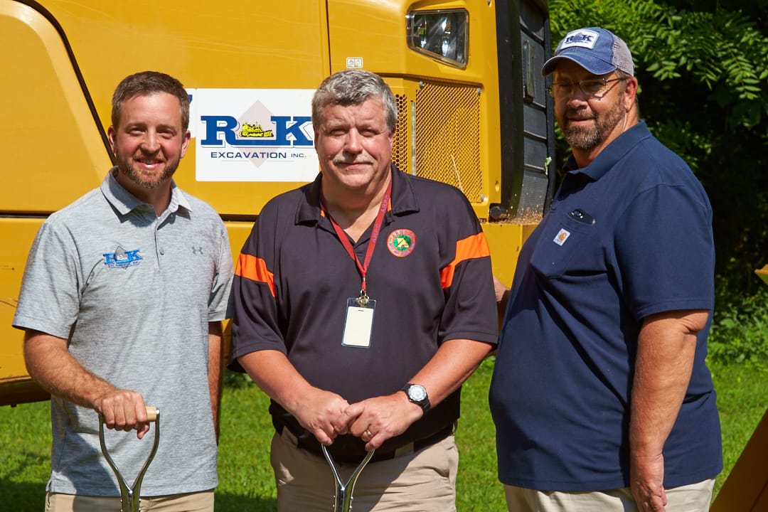 July 30, 2018 - Barnhart, MO: Arnold Rifle & Pistol Club ceremonial groundbreaking for a new long-distance rifle range to be built by R&K Excavating of Bloomsdale, MO. (L-R) Ryan Meyer, Project Manager, R&K Excavating, Jere Wilmering, Treasurer, Roger Faulkner, President, R&K Excavating.
